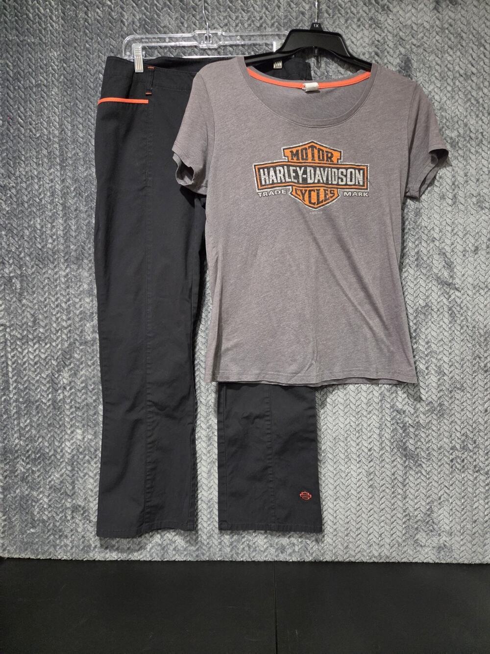 Harley-Davidson Womens Size 12 Black Bootcut Pants Orange Trim & Xlarge Tshirt